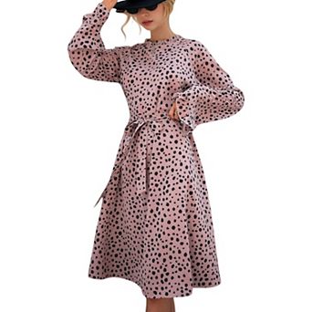 Women's Long Sleeve Printed Midi Dress with Ruffle Trim and Waist Tie