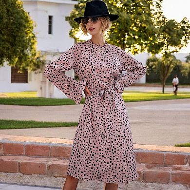 Women's Long Sleeve Printed Midi Dress with Ruffle Trim and Waist Tie
