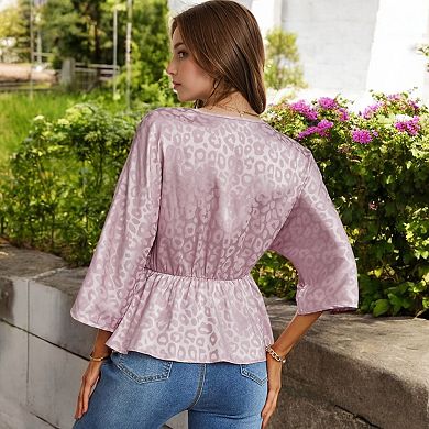 Women's Satin Wrap Peplum Top with Leopard Jacquard and Flared Sleeves