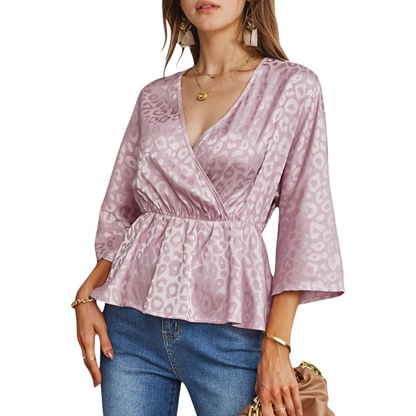 Women's Satin Wrap Peplum Top with Leopard Jacquard and Flared Sleeves