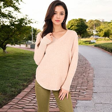 Women's Textured Knit Sweater with V-Neckline and Ribbed Sleeves