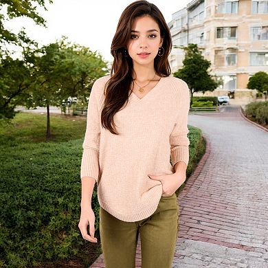 Women's Textured Knit Sweater with V-Neckline and Ribbed Sleeves