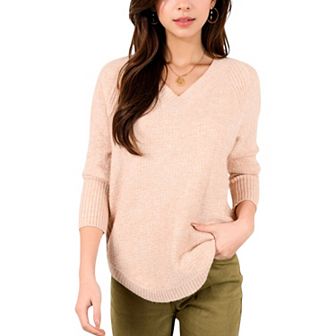 Women's Textured Knit Sweater with V-Neckline and Ribbed Sleeves