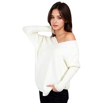 Women's Textured Knit Sweater with V-Neckline and Ribbed Sleeves