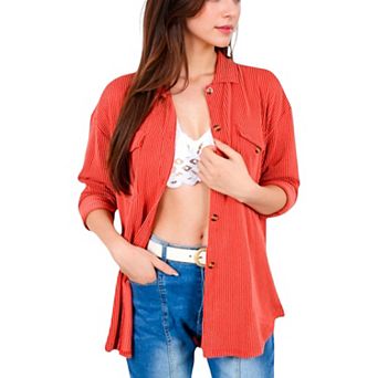 Women's Long Sleeve Button-Up Shirt with Chest Pockets and Textured Fabric