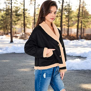 Women's Faux Shearling Jacket with Shawl Collar and Contrast Trim