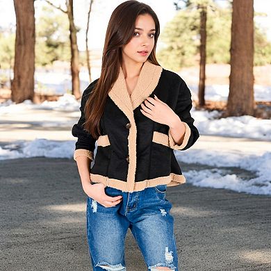 Women's Faux Shearling Jacket with Shawl Collar and Contrast Trim
