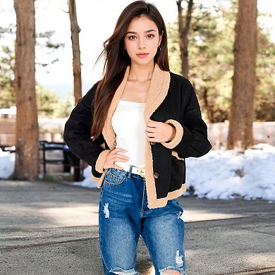 Women's Faux Shearling Jacket with Shawl Collar and Contrast Trim