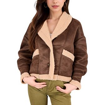 Women's Faux Shearling Jacket with Shawl Collar and Contrast Trim