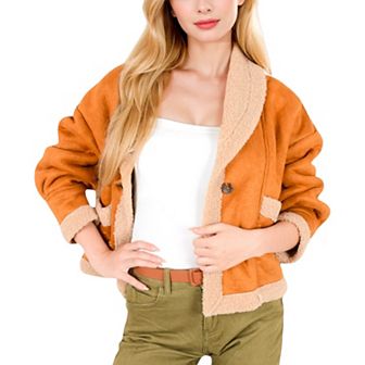 Women's Faux Shearling Jacket with Shawl Collar and Contrast Trim