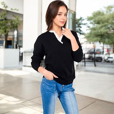Women's Long Sleeve Sweater with V-Neckline and Lace Trim Detail
