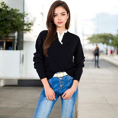 Women's Long Sleeve Sweater with V-Neckline and Lace Trim Detail