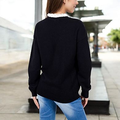 Women's Long Sleeve Sweater with V-Neckline and Lace Trim Detail