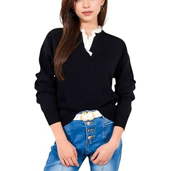 Women's Long Sleeve Sweater with V-Neckline and Lace Trim Detail