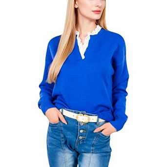 Women's Long Sleeve Sweater with V-Neckline and Lace Trim Detail