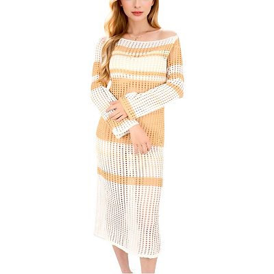 Anna-Kaci Women's Multicolor Striped Off-Shoulder Knit Dress, Small 4-6 / Beige