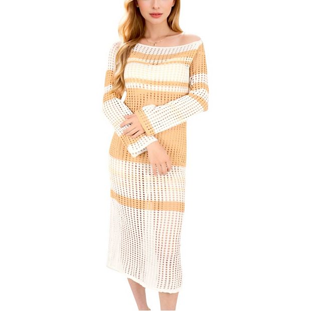 Anna-Kaci Women's Multicolor Striped Off-Shoulder Knit Dress, Small 4-6 / Beige