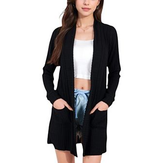 Women's Open Front Ribbed Knit Cardigan with Front Pockets