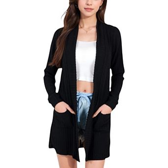 Women's Open Front Ribbed Knit Cardigan with Front Pockets
