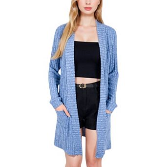 Women's Open Front Ribbed Knit Cardigan with Front Pockets