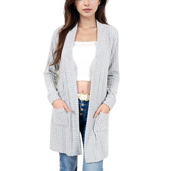 Women's Open Front Ribbed Knit Cardigan with Front Pockets