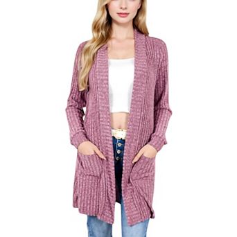 Women's Open Front Ribbed Knit Cardigan with Front Pockets