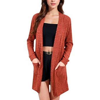 Women's Open Front Ribbed Knit Cardigan with Front Pockets