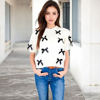 Women's Short Sleeve Knit Sweater with Ribbon Bow Accents