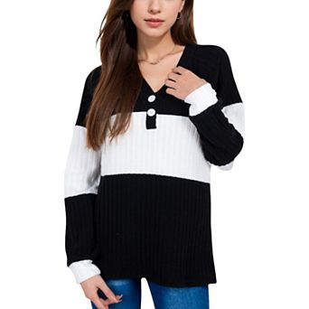 Women's Color Block Ribbed Knit Top with Button Detail and V-Neckline
