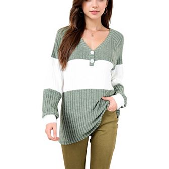 Women's Color Block Ribbed Knit Top with Button Detail and V-Neckline