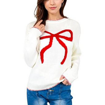 Women's Long Sleeve Knit Sweater with Bow Detail and Contrast Stitching
