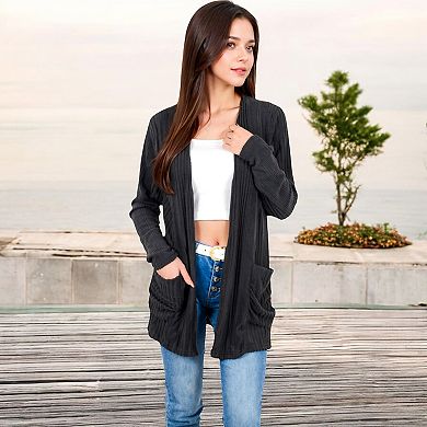 Women's Open Front Ribbed Cardigan with Long Sleeves and Front Pockets