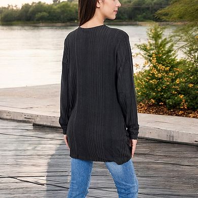 Women's Open Front Ribbed Cardigan with Long Sleeves and Front Pockets