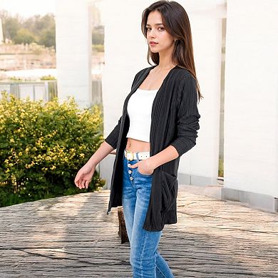 Women's Open Front Ribbed Cardigan with Long Sleeves and Front Pockets