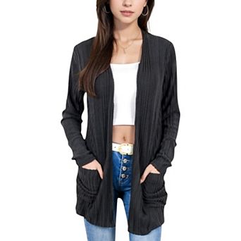 Women's Open Front Ribbed Cardigan with Long Sleeves and Front Pockets