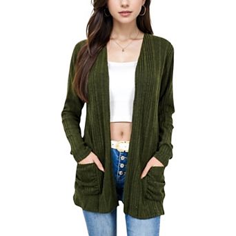 Women's Open Front Ribbed Cardigan with Long Sleeves and Front Pockets