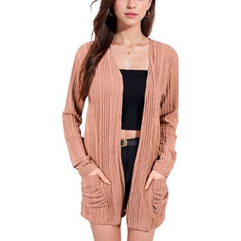 Women's Open Front Ribbed Cardigan with Long Sleeves and Front Pockets
