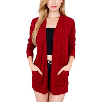 Women's Open Front Ribbed Cardigan with Long Sleeves and Front Pockets