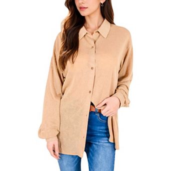 Women's Long Sleeve Button-Up Collared Shirt with Relaxed Fit