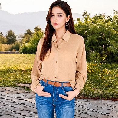 Women's Long Sleeve Button-Up Collared Shirt with Relaxed Fit