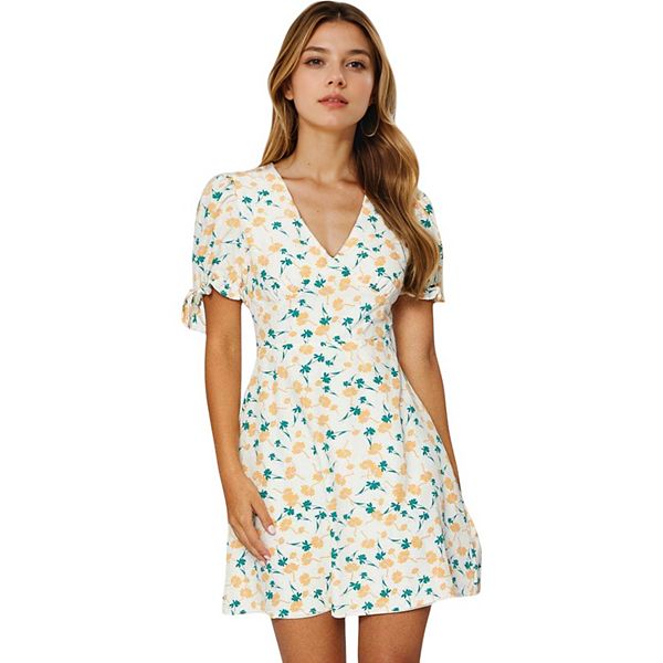 Women's Woven Rose Wrap Ruffle Short Sleeve Dress