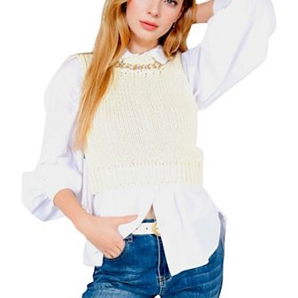 Women's Chunky Knit Sweater Vest with Chain Detail Crew Neck