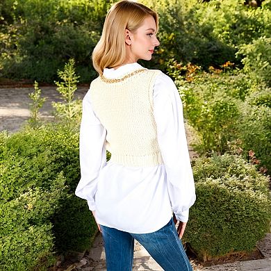 Women's Chunky Knit Sweater Vest with Chain Detail Crew Neck