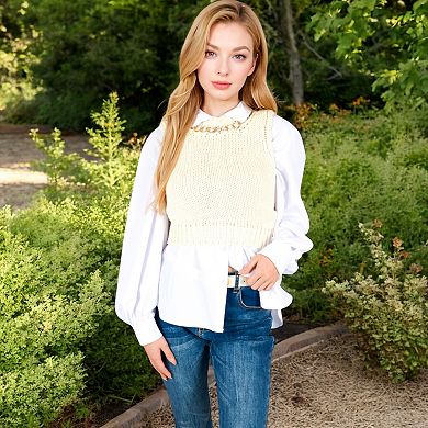 Women's Chunky Knit Sweater Vest with Chain Detail Crew Neck