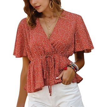 Women's Flutter Sleeve Polka Dot Peplum Top with Wrap Design