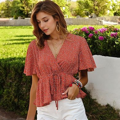 Women's Flutter Sleeve Polka Dot Peplum Top with Wrap Design