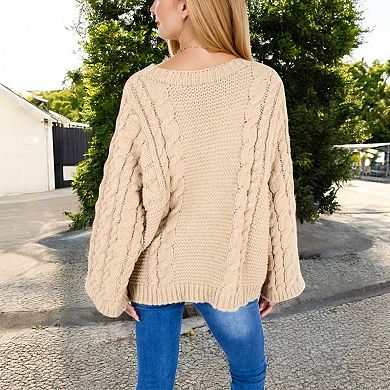 Women's Cable Knit Sweater with Long Bell Sleeves
