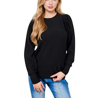 Women's Long Sleeve Ribbed Knit Sweater with Gathered Shoulders