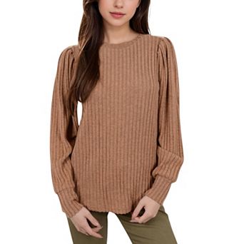 Women's Long Sleeve Ribbed Knit Sweater with Gathered Shoulders