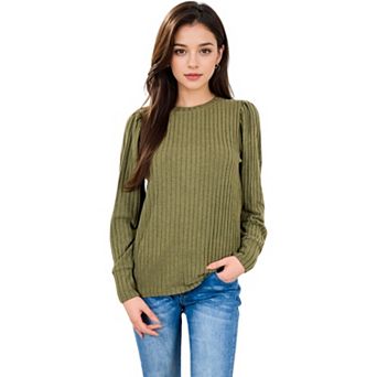 Women's Long Sleeve Ribbed Knit Sweater with Gathered Shoulders